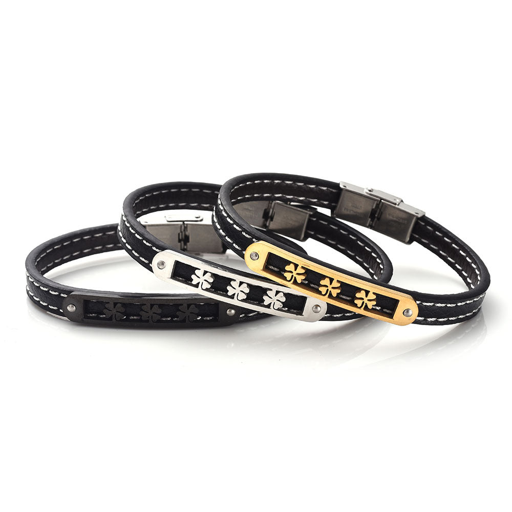 Lucky Clover Charm Genuine Leather Stainless Steel Bracelet | Energy Protection | Lucky Blessing