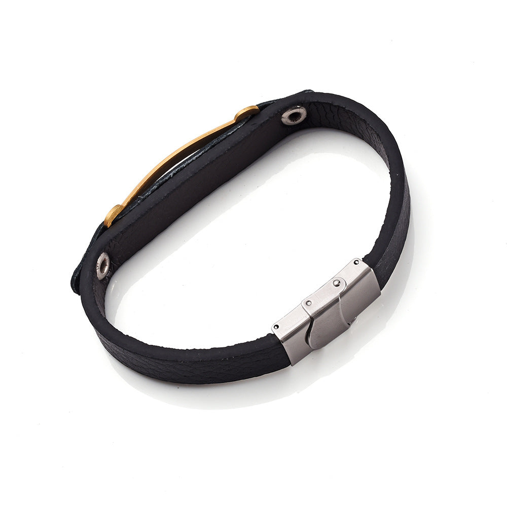 Pulsera sencilla europea-americana de cuero genuino de guardián espiritual | Acero inoxidable reforzado | Moderna y versátil 