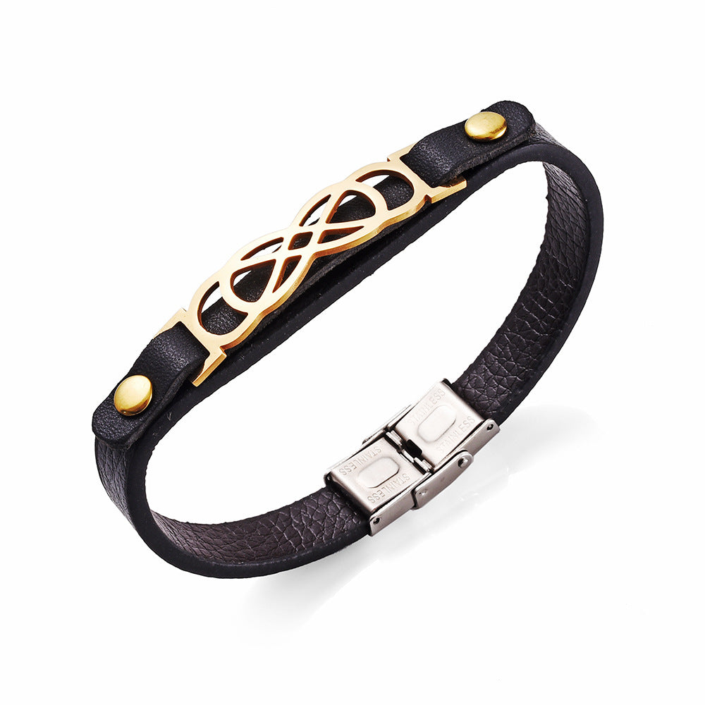 Pulsera de cuero genuino y acero inoxidable estilo europeo y americano | Forma geométrica | Moderna y versátil