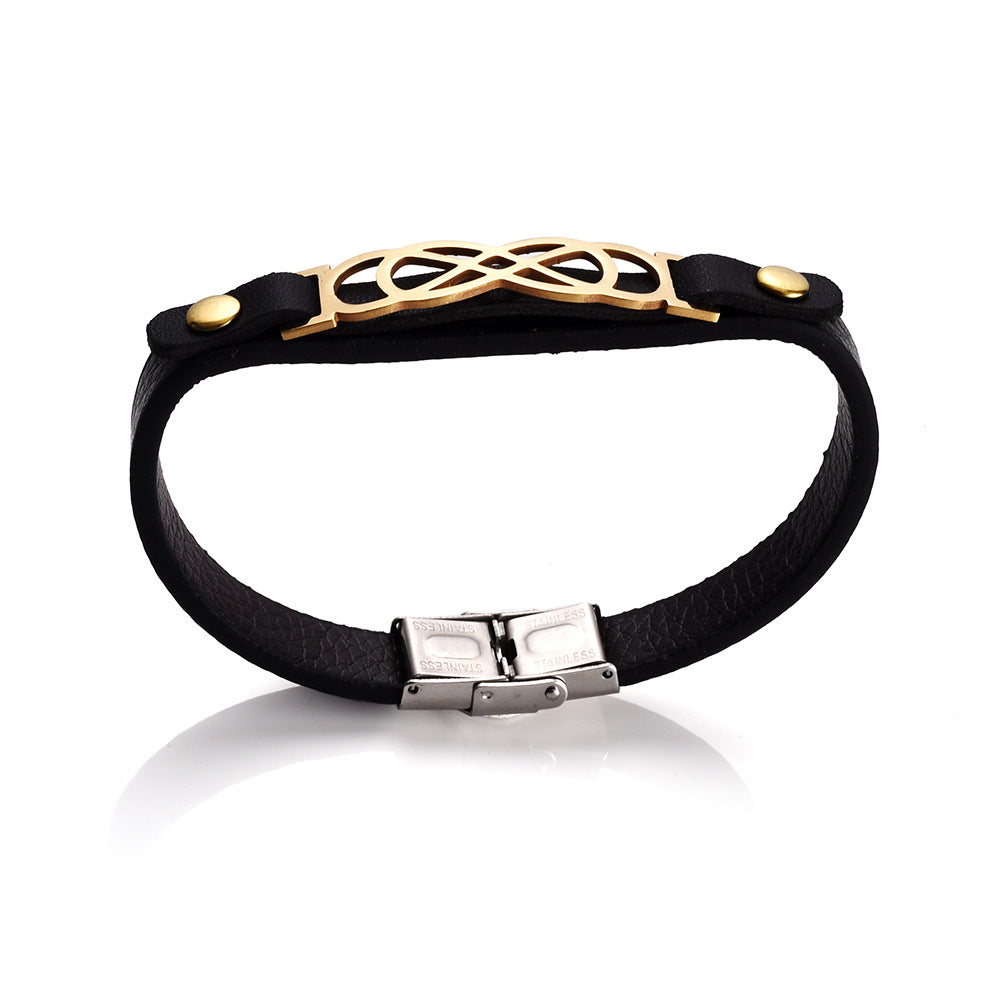 Pulsera de cuero genuino y acero inoxidable estilo europeo y americano | Forma geométrica | Moderna y versátil