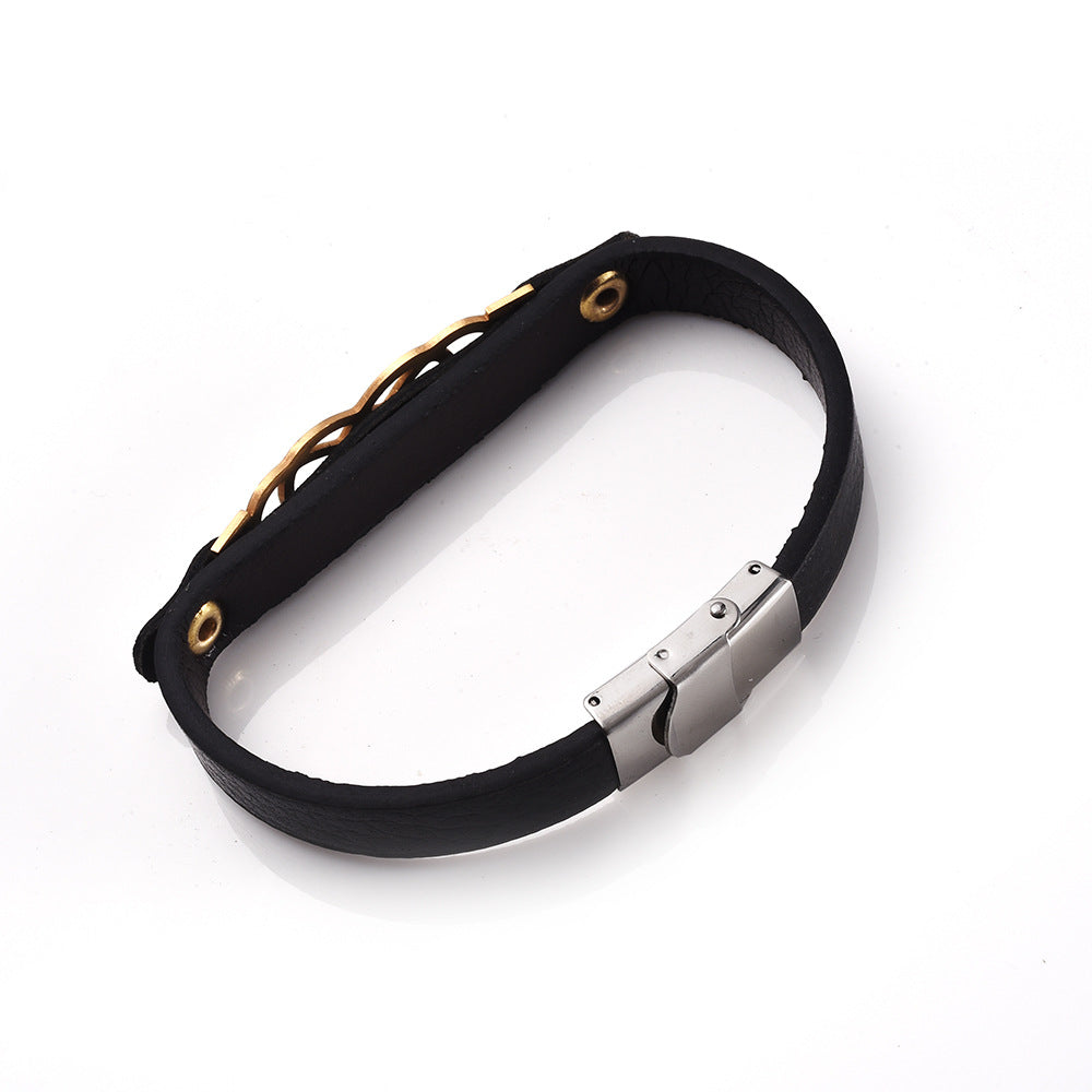 Pulsera de cuero genuino y acero inoxidable estilo europeo y americano | Forma geométrica | Moderna y versátil