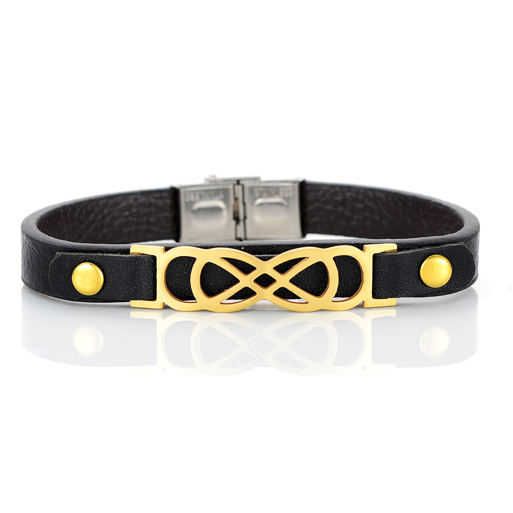 Pulsera de cuero genuino y acero inoxidable estilo europeo y americano | Forma geométrica | Moderna y versátil