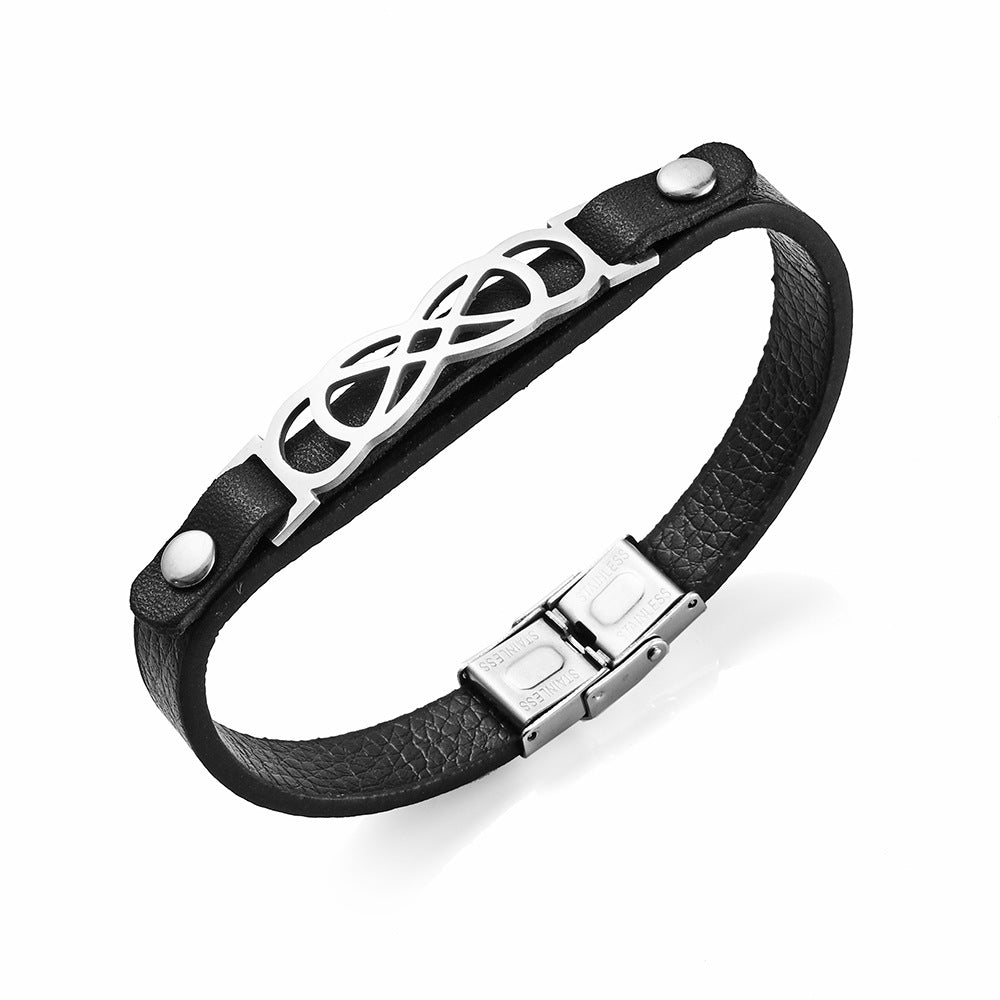 Pulsera de cuero genuino y acero inoxidable estilo europeo y americano | Forma geométrica | Moderna y versátil