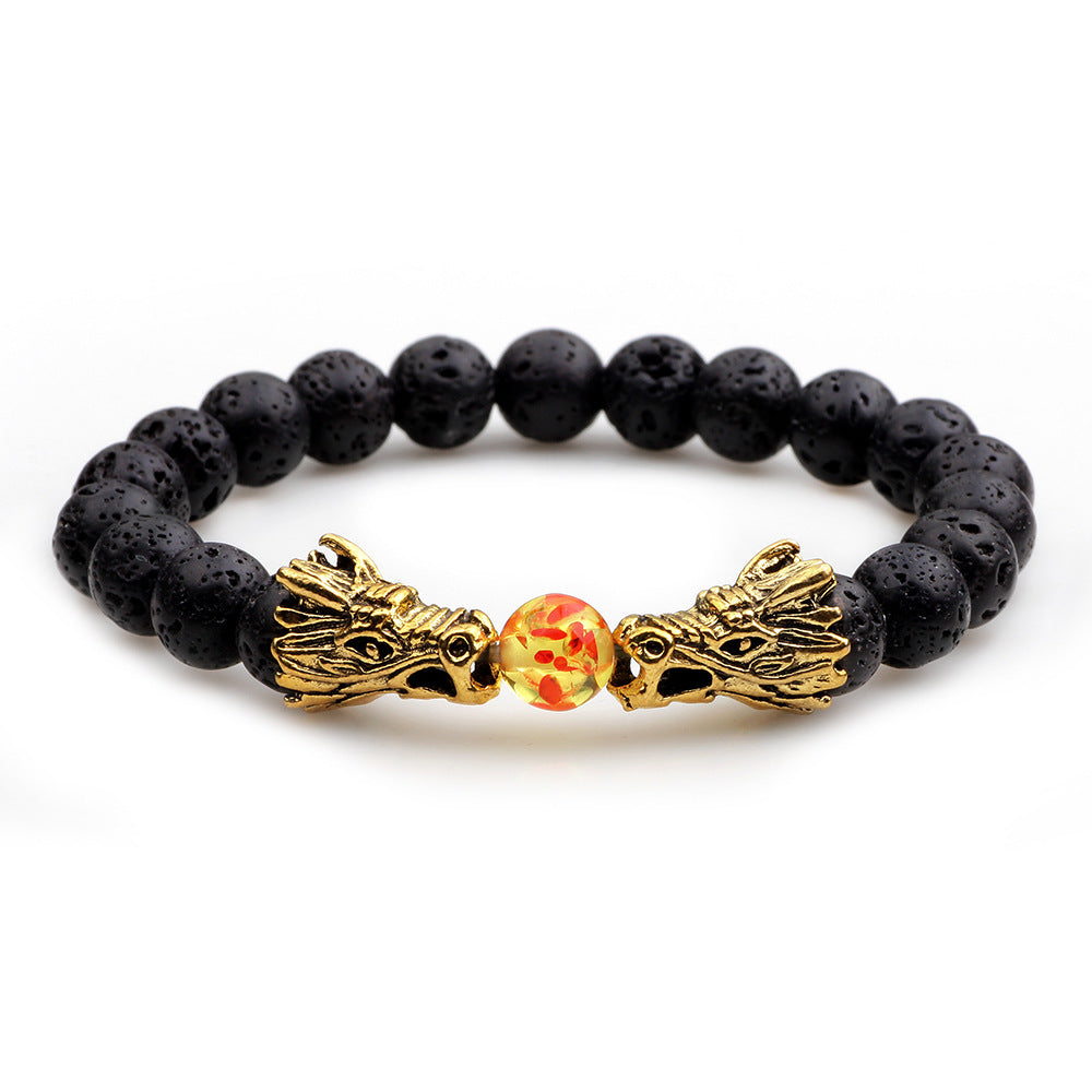 Dragon Totem Volcanic Stone Men's Bracelet | Retro Energy Protection | Elastic Metal Rope Style