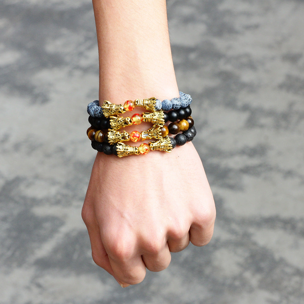 Dragon Totem Volcanic Stone Men's Bracelet | Retro Energy Protection | Elastic Metal Rope Style