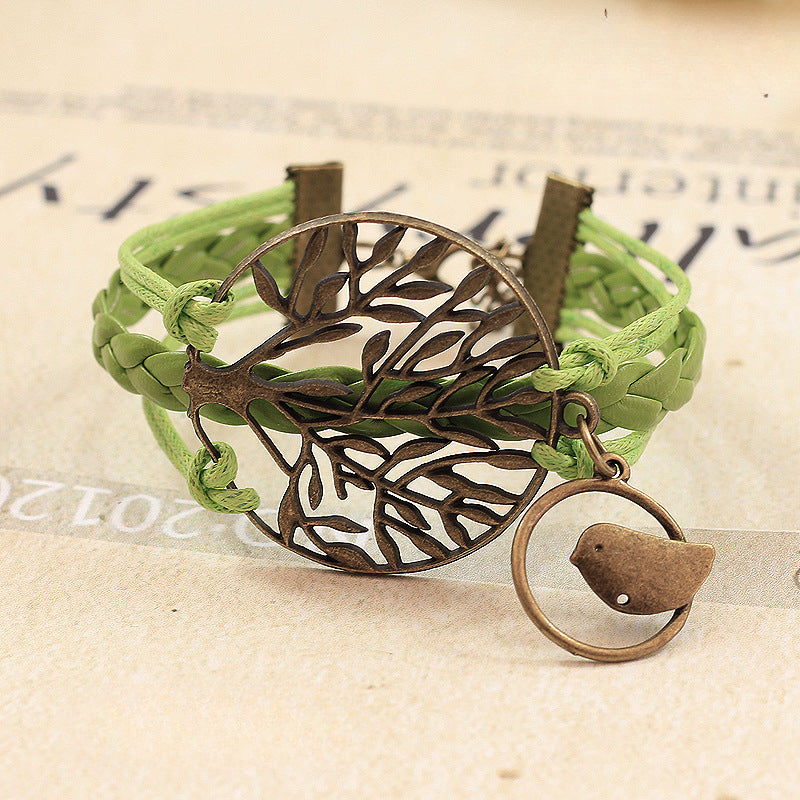 Big Tree and Bird Natural Wind Jewelry PU Braided Rope Adjustable Bracelet