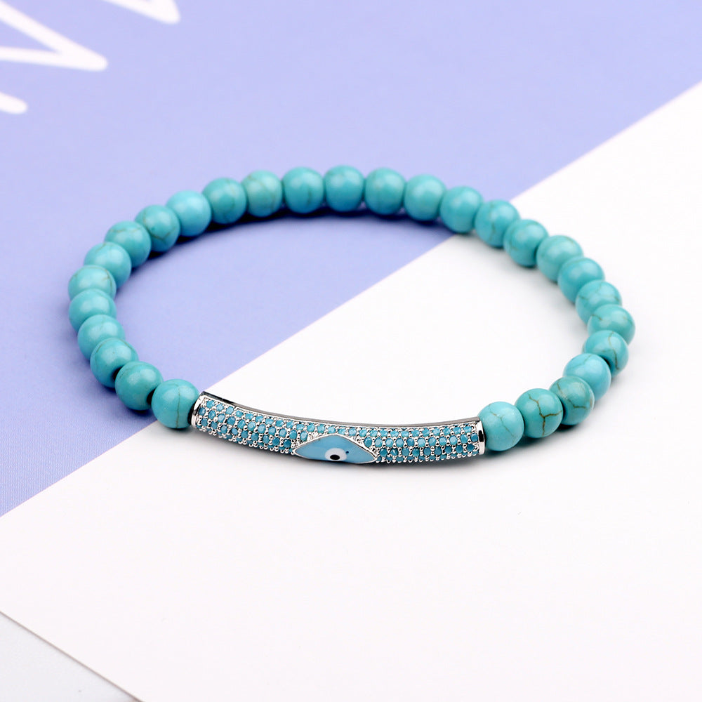 Demon's Eye Totem Copper-Inlaid Zircon, Turquoise and White Turquoise Couple's Elastic Beaded Bracelet