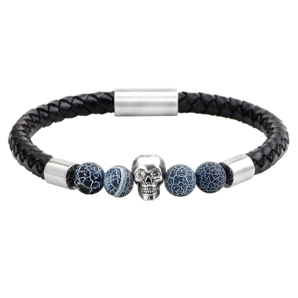Energía de Protección・Pulsera de Calavera de Cuero con Cuentas de Ojo de Tigre | Pulsera Personalizada Estilo Punk