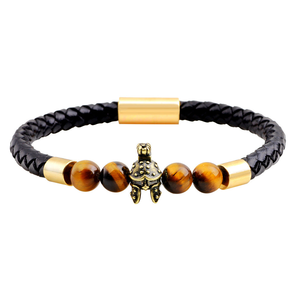 Talisman des antiken römischen Ritters | Schwarzes, mattes Tigerauge-Lederarmband | Mutschutz 