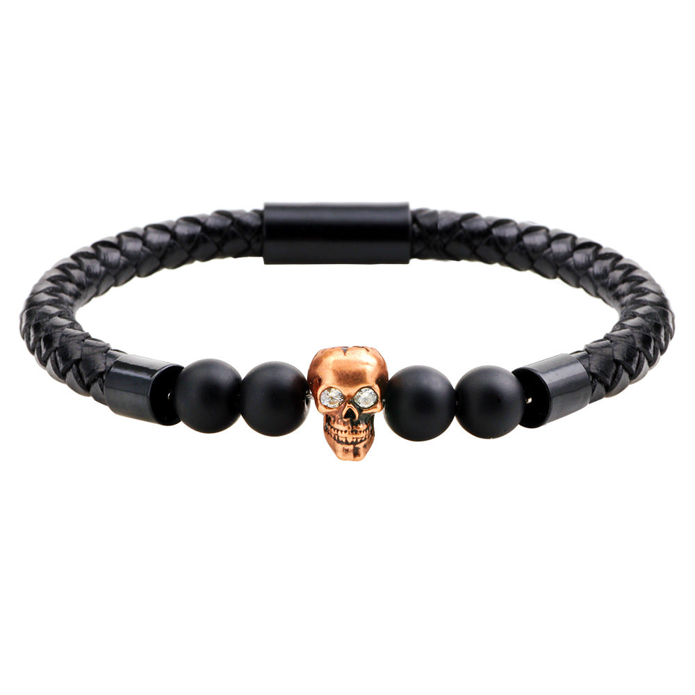 Energía de Protección・Pulsera de Calavera de Cuero con Cuentas de Ojo de Tigre | Pulsera Personalizada Estilo Punk