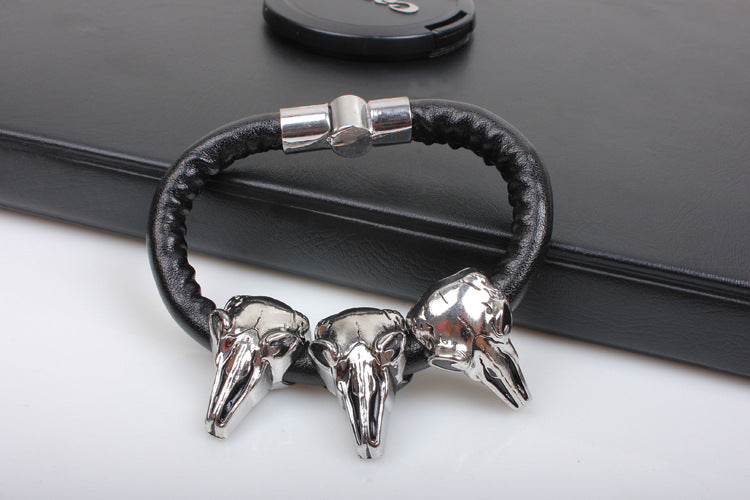 Geheimnisvoller Schafskopf-Totenkopf-Lederseil-Magnetschnalle-Herrenarmband | Amulett | Geheimnisvolle Kraft 