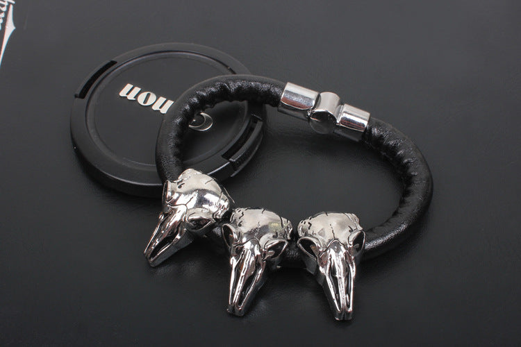 Geheimnisvoller Schafskopf-Totenkopf-Lederseil-Magnetschnalle-Herrenarmband | Amulett | Geheimnisvolle Kraft 