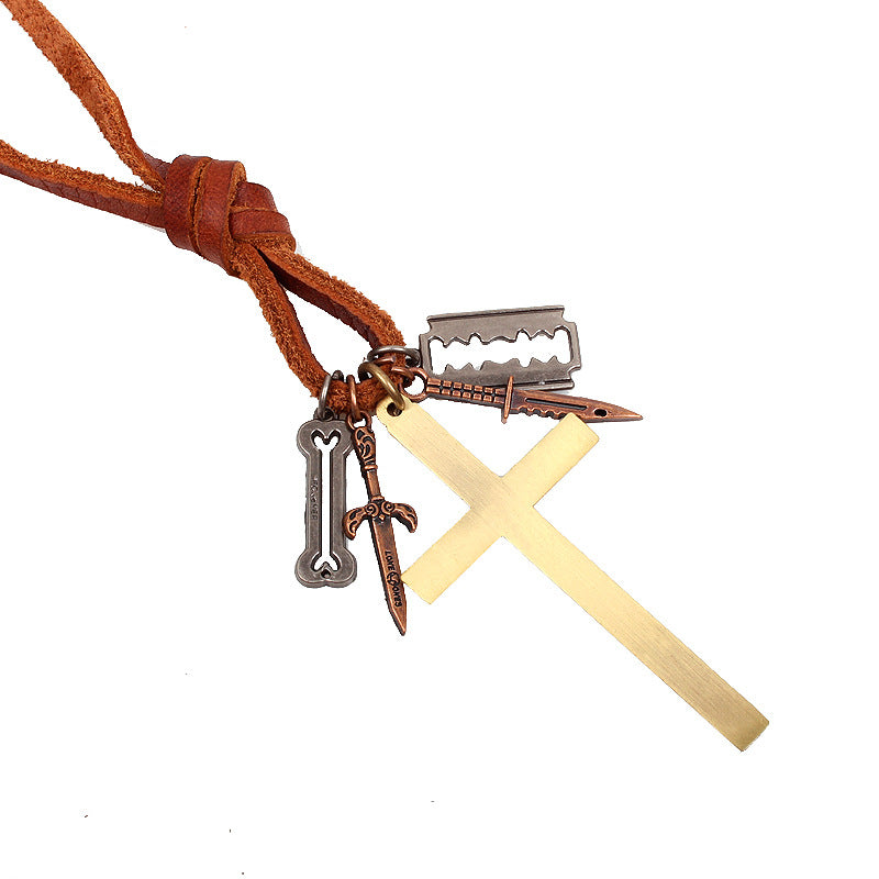 Religiöser Rindslederschmuck | Geheimnisvoller Kreuzkombinations-Lederseilanhänger | Spirituelles Asyl