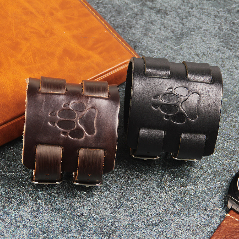 Pulsera tótem primitiva de piel de vaca | Huella de pata de oso | Pulsera ajustable y versátil 