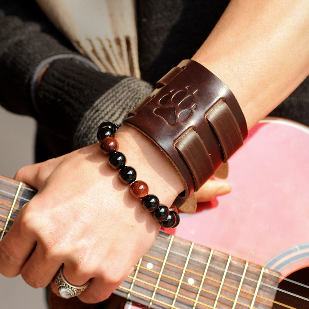 Primitive Totem Cowhide Bracelet | Bear Paw Imprint | Versatile Adjustable Bracelet