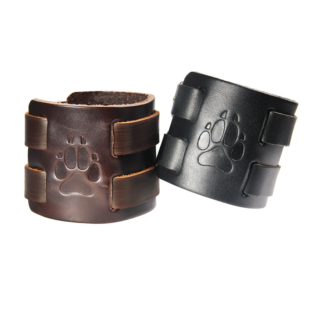 Pulsera tótem primitiva de piel de vaca | Huella de pata de oso | Pulsera ajustable y versátil 