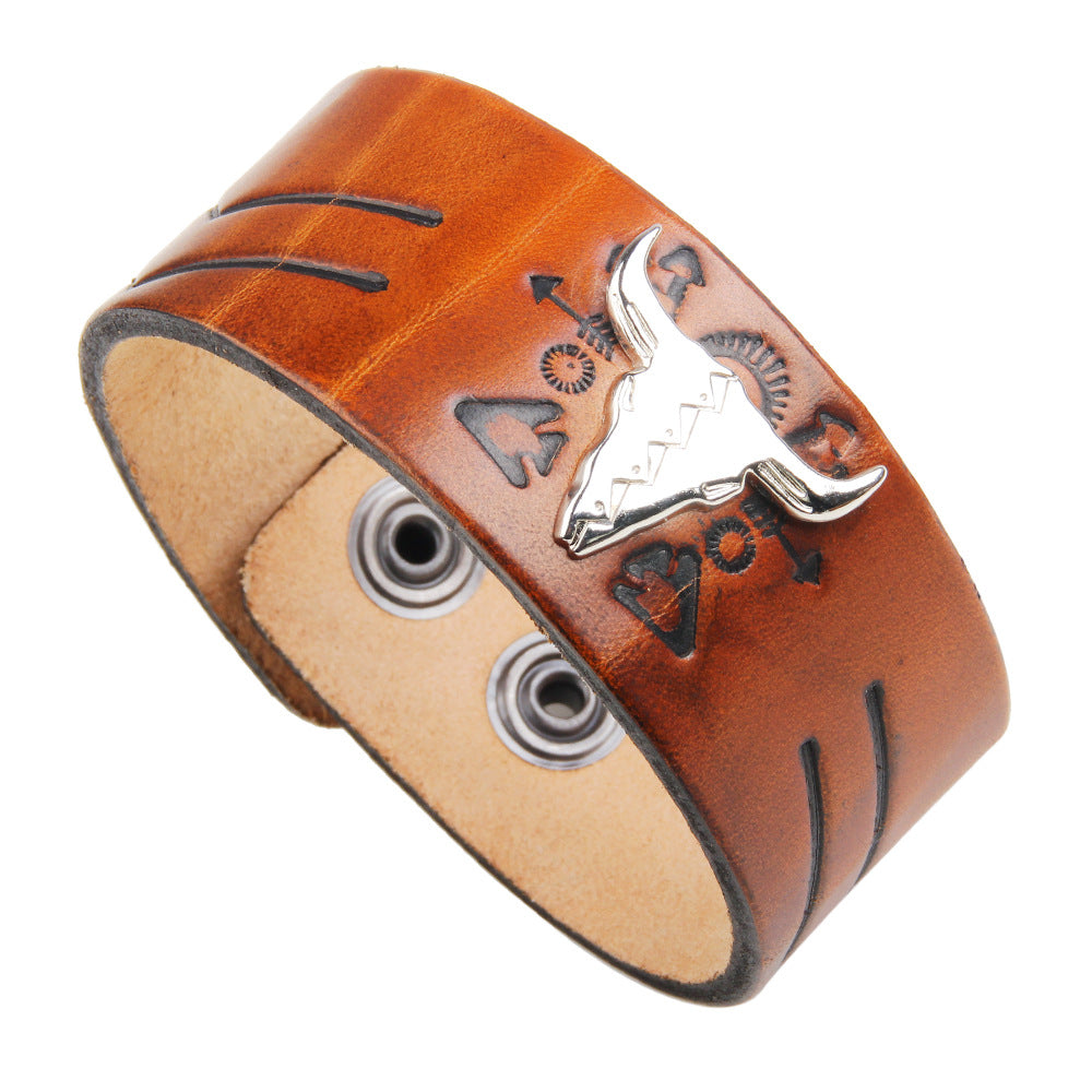 Punk Bull Head Totem Cowhide Alloy Wide Bracelet | Street Cool | Individuality Publicity