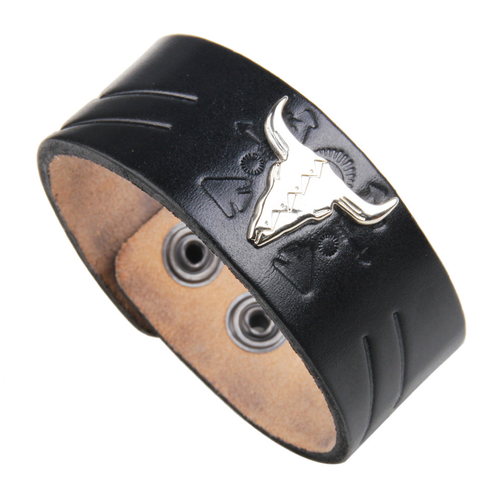 Punk Bull Head Totem Cowhide Alloy Wide Bracelet | Street Cool | Individuality Publicity