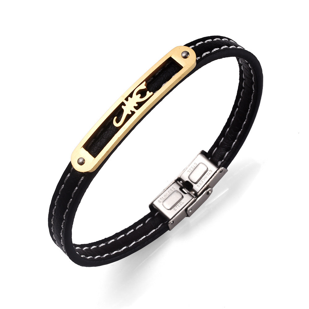 Nordische Rune Handgefertigtes Schutzarmband aus Rindsleder in Tierform aus Edelstahl 