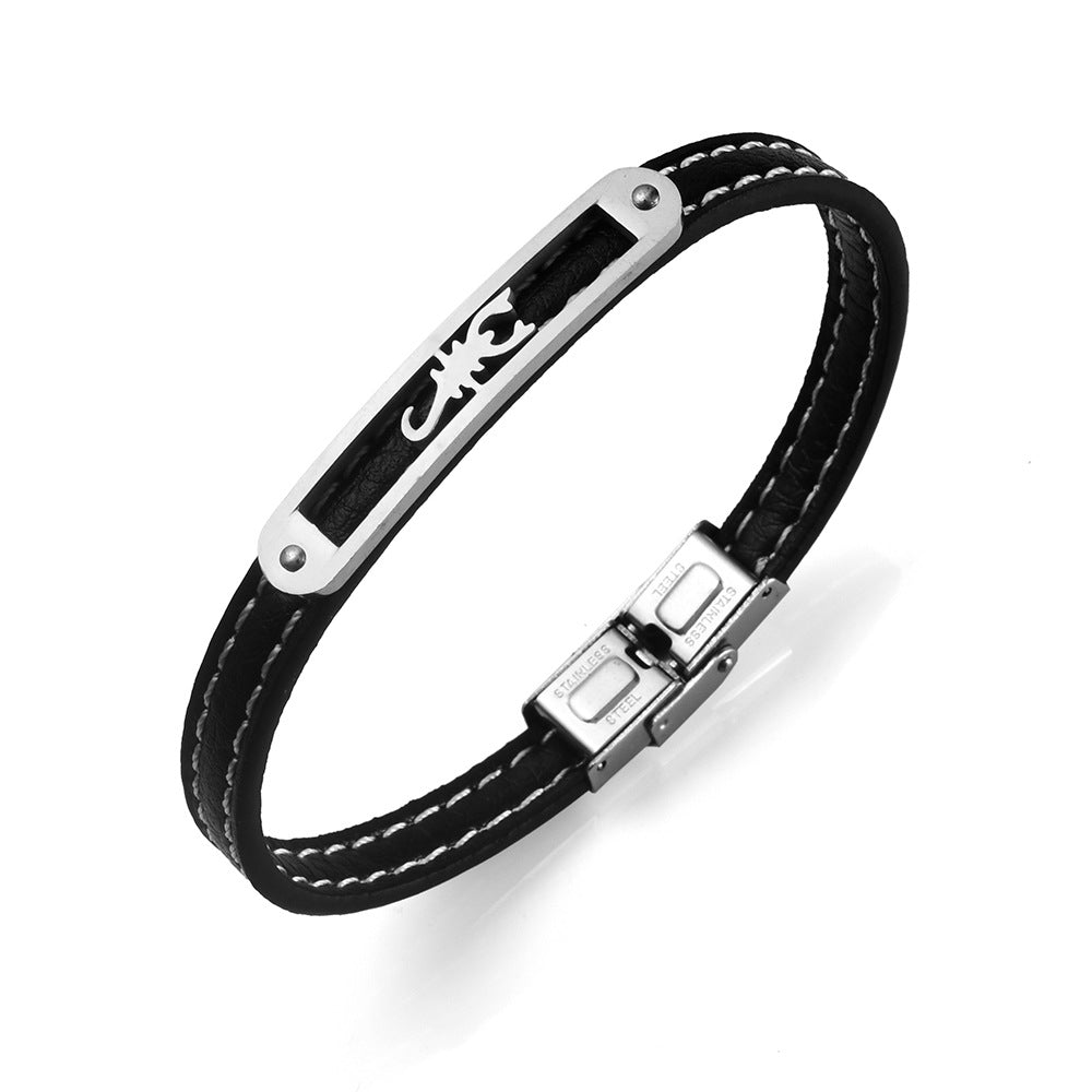 Nordische Rune Handgefertigtes Schutzarmband aus Rindsleder in Tierform aus Edelstahl 