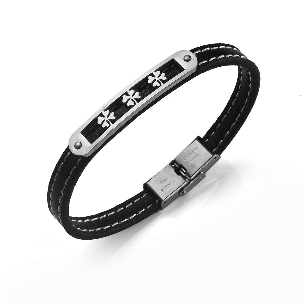 Lucky Clover Charm Genuine Leather Stainless Steel Bracelet | Energy Protection | Lucky Blessing