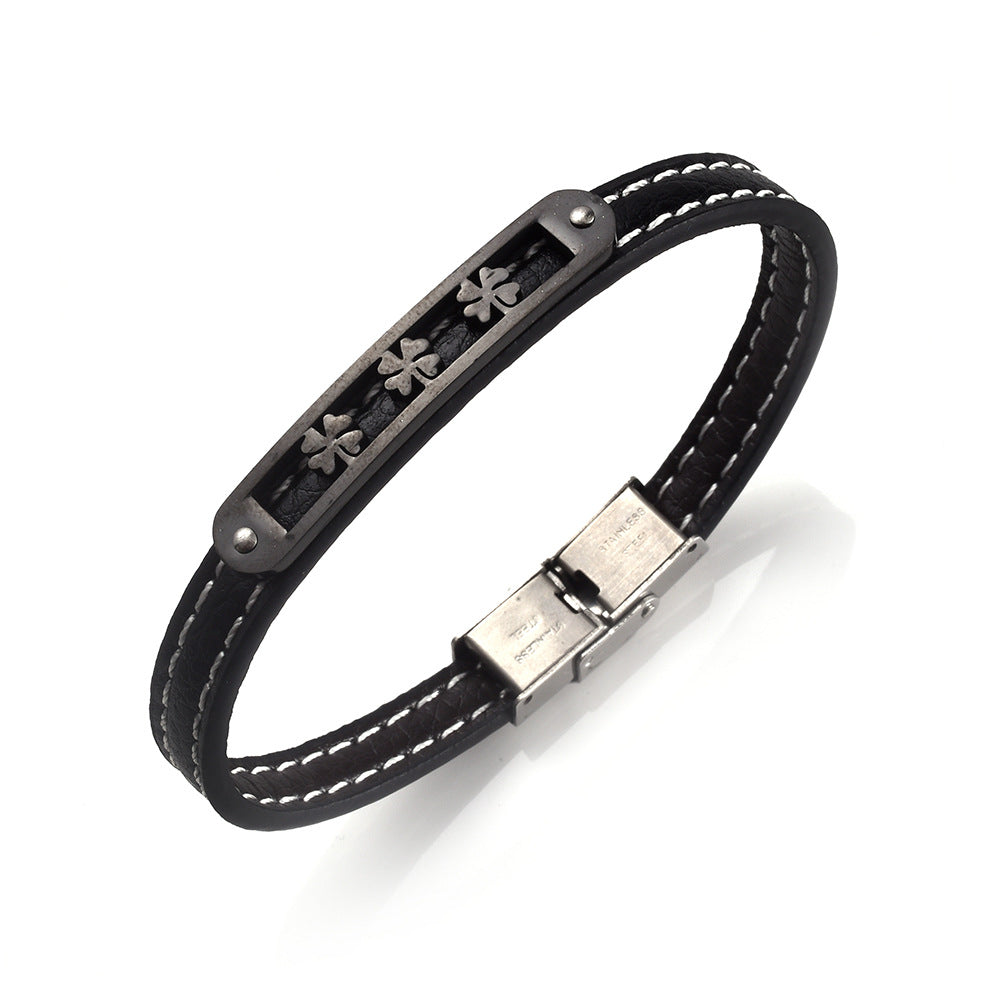 Lucky Clover Charm Genuine Leather Stainless Steel Bracelet | Energy Protection | Lucky Blessing