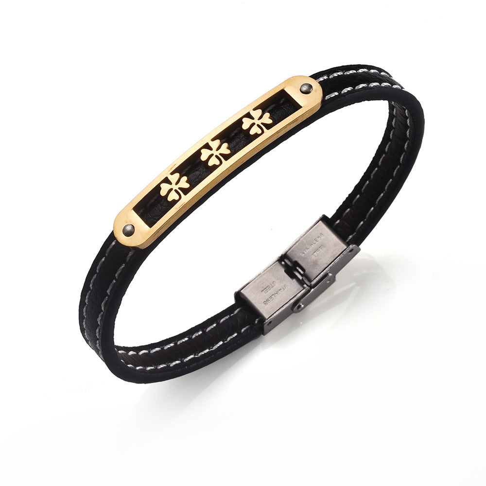 Lucky Clover Charm Genuine Leather Stainless Steel Bracelet | Energy Protection | Lucky Blessing
