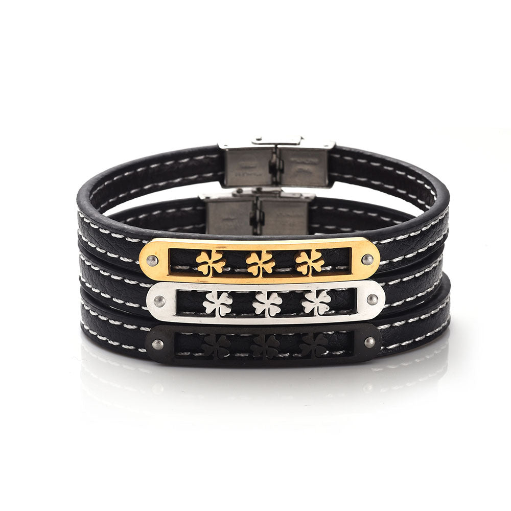 Lucky Clover Charm Genuine Leather Stainless Steel Bracelet | Energy Protection | Lucky Blessing