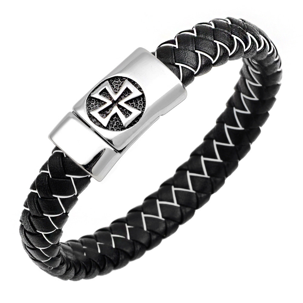 Punk-Stil Vintage Kreuz Rindsleder geflochten Edelstahl Armband | Unverzichtbar für trendige Männer | Coolness-Verstärkung