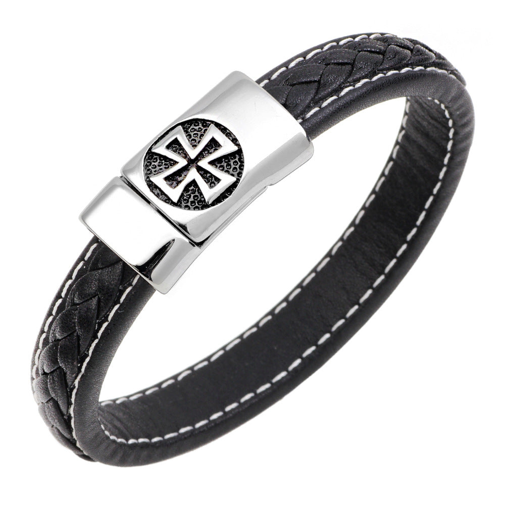 Punk-Stil Vintage Kreuz Rindsleder geflochten Edelstahl Armband | Unverzichtbar für trendige Männer | Coolness-Verstärkung