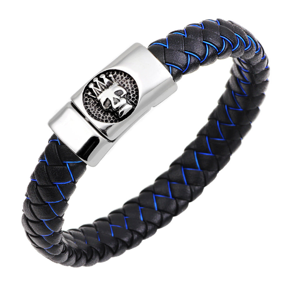 Dunkles, mysteriöses Schutzarmband mit Totenkopfkrone | Edelstahl und echtes Leder | Magnetschnalle, personalisiertes Accessoire 