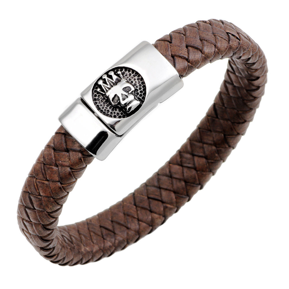 Dunkles, mysteriöses Schutzarmband mit Totenkopfkrone | Edelstahl und echtes Leder | Magnetschnalle, personalisiertes Accessoire 