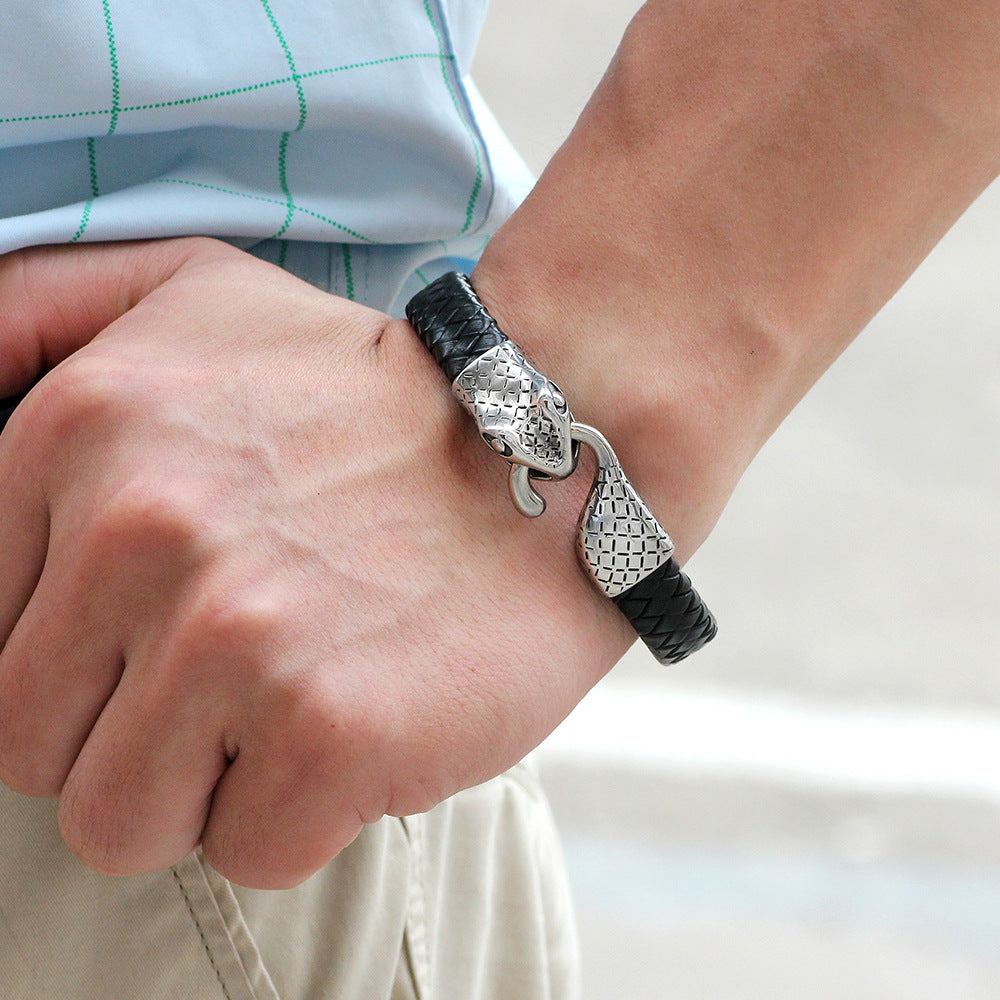 Pulsera de cuero tejida a mano con tótem de serpiente espiritual | Acero inoxidable | Estilo urbano retro