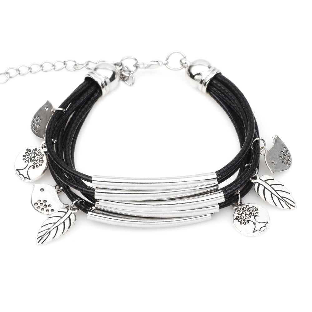 Natural Rhyme・Mehrschichtiges Armband aus gewebter Legierung mit Blättern und Schutzvögeln 