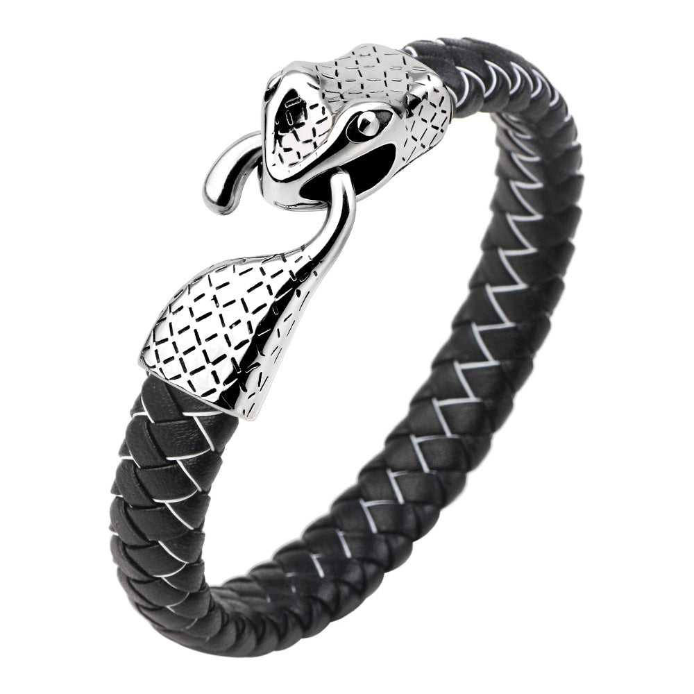Pulsera de cuero tejida a mano con tótem de serpiente espiritual | Acero inoxidable | Estilo urbano retro