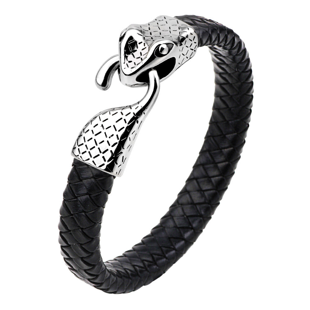 Pulsera de cuero tejida a mano con tótem de serpiente espiritual | Acero inoxidable | Estilo urbano retro