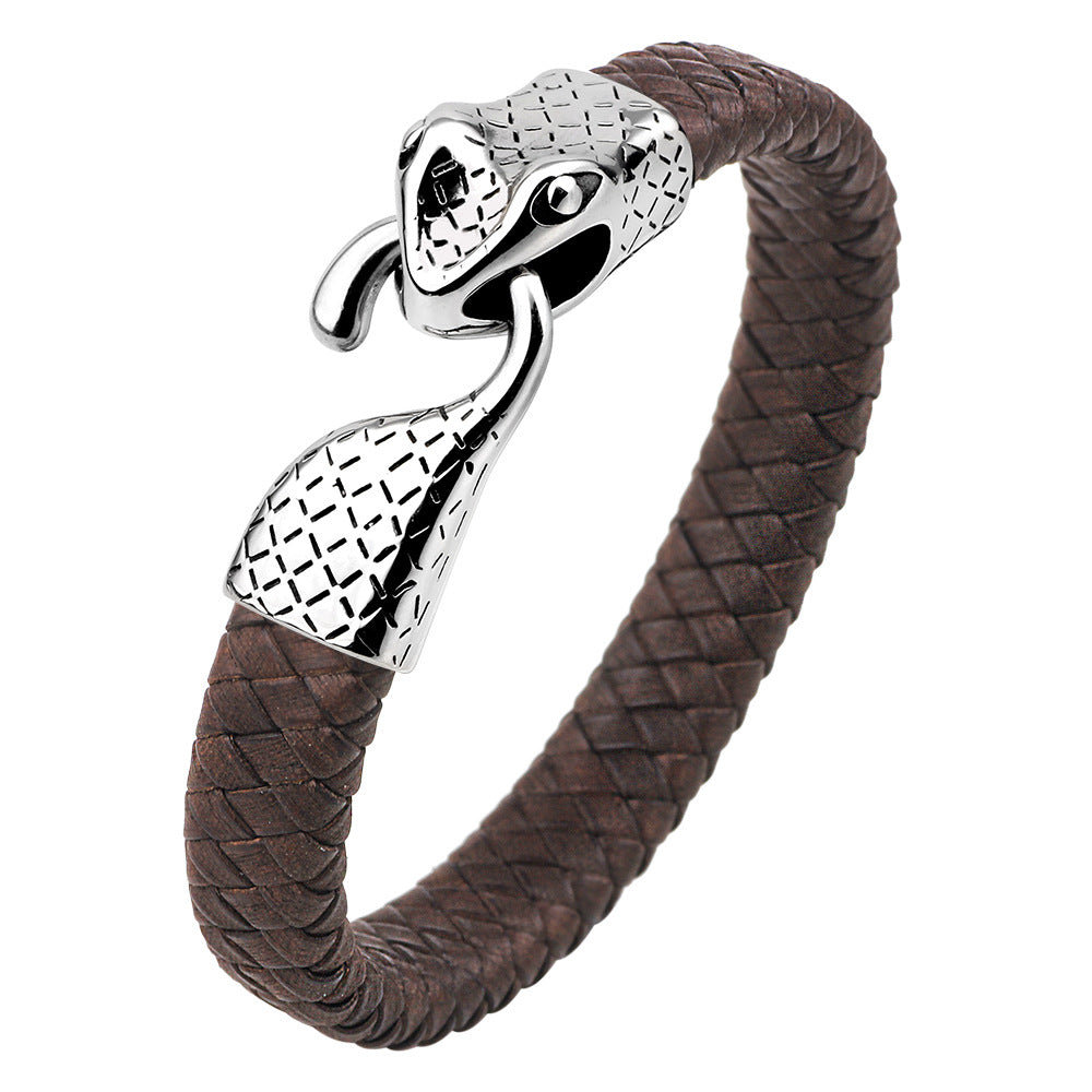 Pulsera de cuero tejida a mano con tótem de serpiente espiritual | Acero inoxidable | Estilo urbano retro