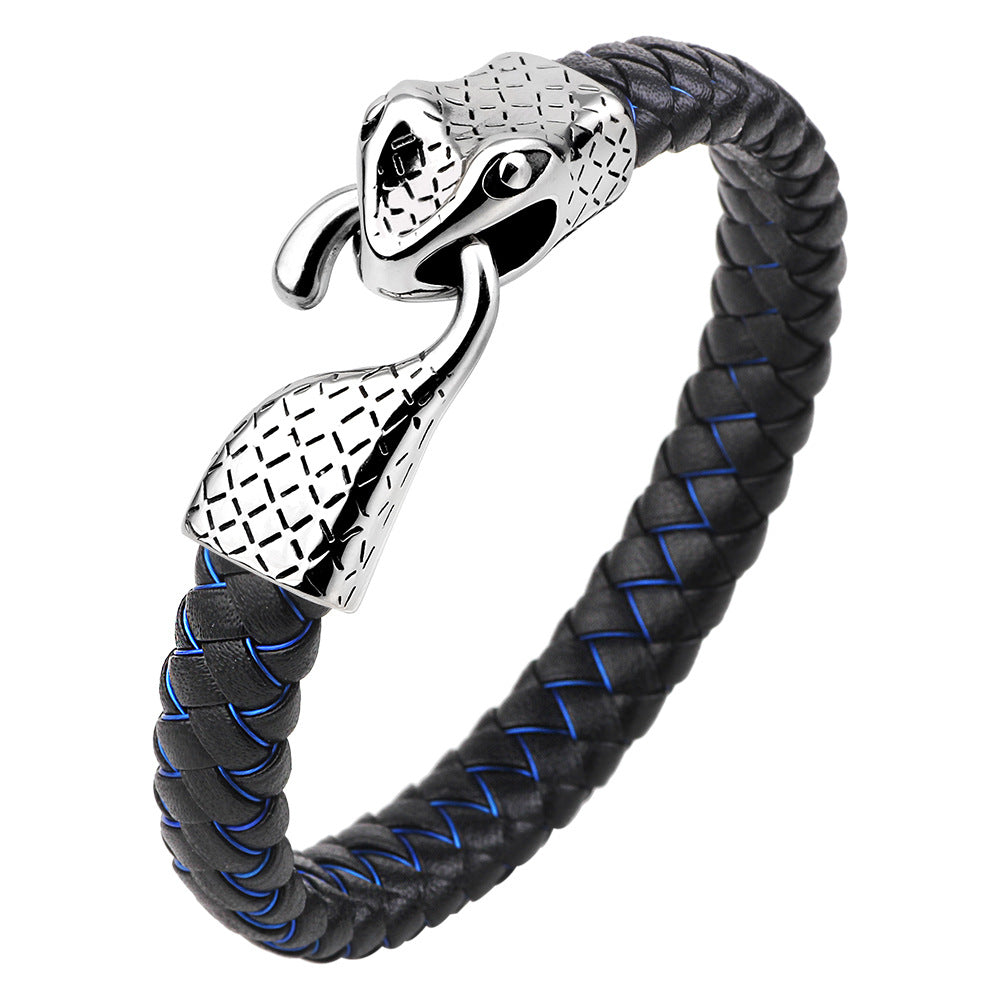 Pulsera de cuero tejida a mano con tótem de serpiente espiritual | Acero inoxidable | Estilo urbano retro