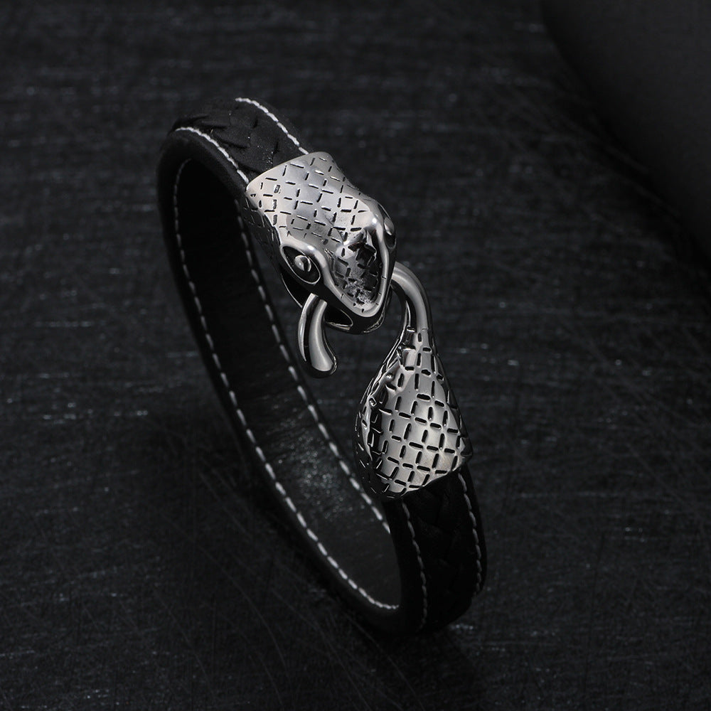 Pulsera de cuero tejida a mano con tótem de serpiente espiritual | Acero inoxidable | Estilo urbano retro