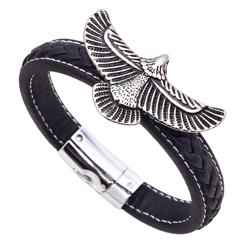 Freiheits-Abenteuer-Totem | Magnetschnalle aus Edelstahl, Lederband | Herrenarmband mit Adler und ausgebreiteten Flügeln 