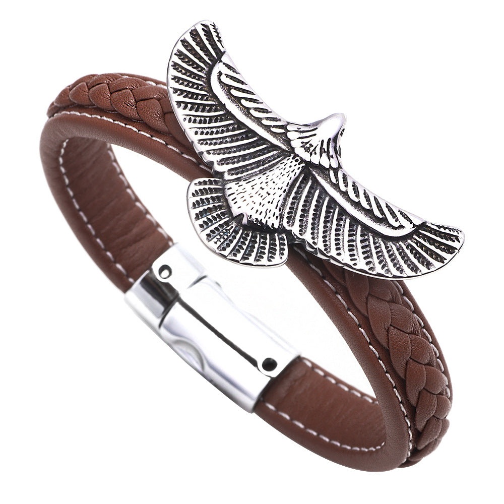 Freiheits-Abenteuer-Totem | Magnetschnalle aus Edelstahl, Lederband | Herrenarmband mit Adler und ausgebreiteten Flügeln 