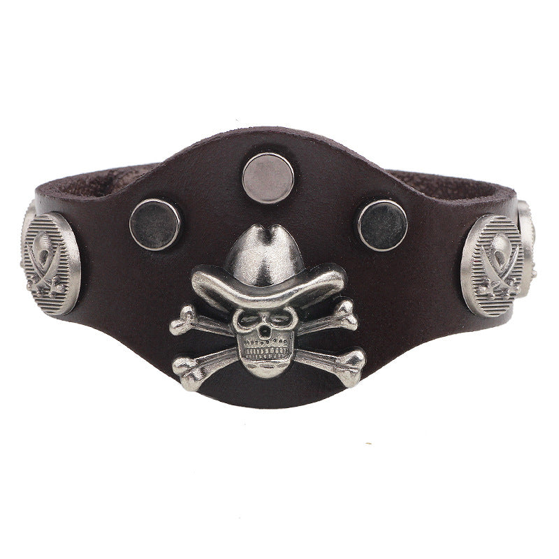 Dark Punk Style Genuine Leather Skull Rivet Bracelet | Men's Charm - Showing Wristband