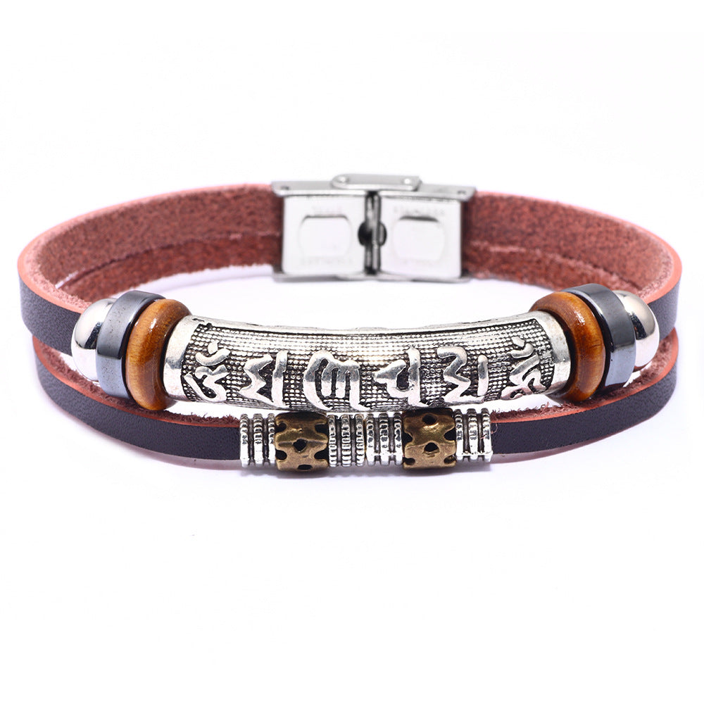 Armband aus Rindsleder mit sechsstelligem Mantra im chinesischen Stil und Zen-Energie-Schnalle aus Edelstahl 