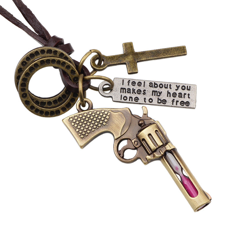 Mysterious Tarot Alloy Ancient Bronze Retro Pistol Hourglass Couple Guardian Necklace Pendant