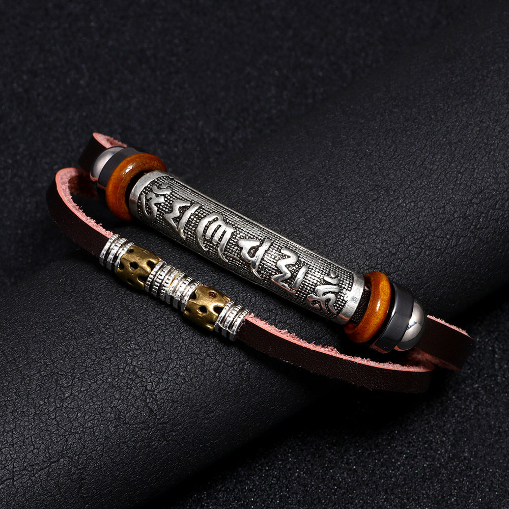 Armband aus Rindsleder mit sechsstelligem Mantra im chinesischen Stil und Zen-Energie-Schnalle aus Edelstahl 