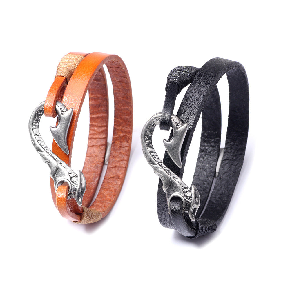 Die Kraft der Hartnäckigkeit Handgefertigtes geflochtenes Rindslederarmband | Angelhaken-Totem | Beschütze das Glück 