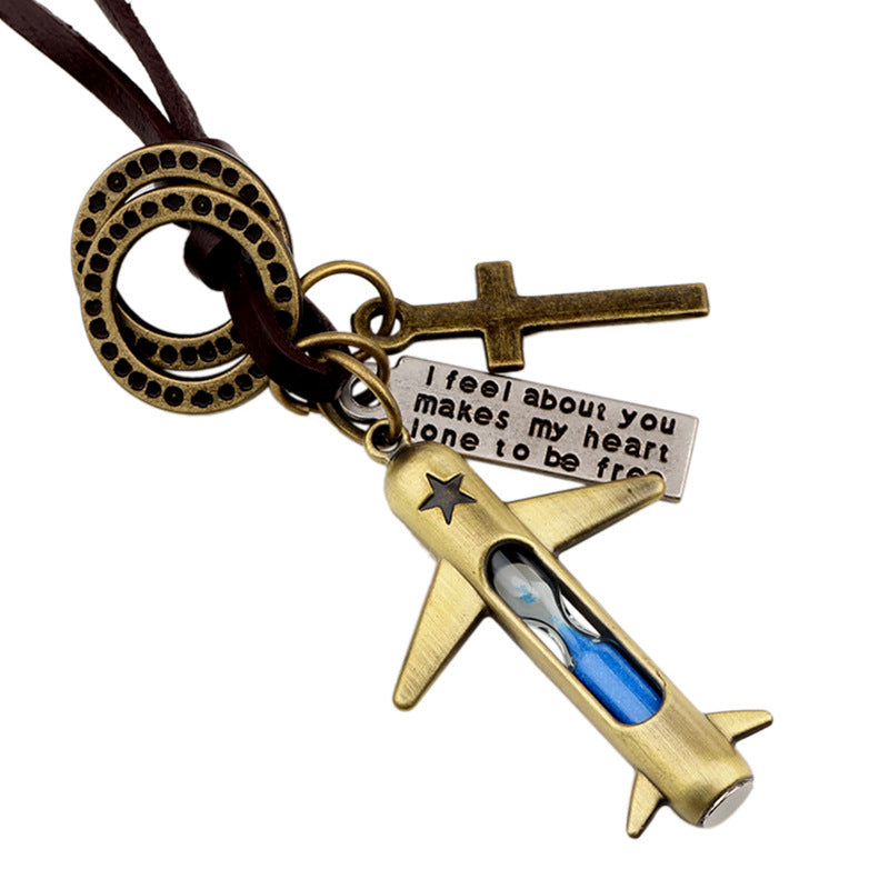 Mysterious Astrology Ancient Bronze Genuine Leather Hourglass Small Airplane Pendant Fashionable Sweater Chain