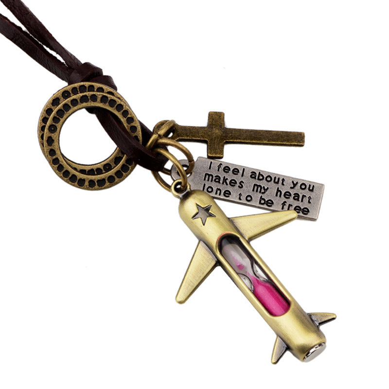 Mysterious Astrology Ancient Bronze Genuine Leather Hourglass Small Airplane Pendant Fashionable Sweater Chain