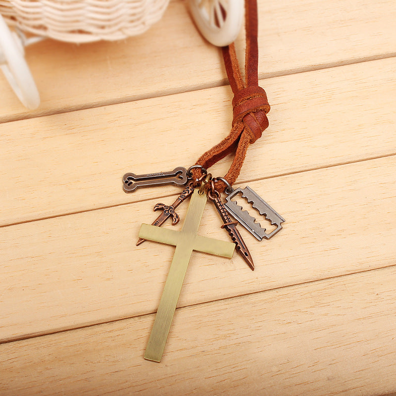 Religiöser Rindslederschmuck | Geheimnisvoller Kreuzkombinations-Lederseilanhänger | Spirituelles Asyl