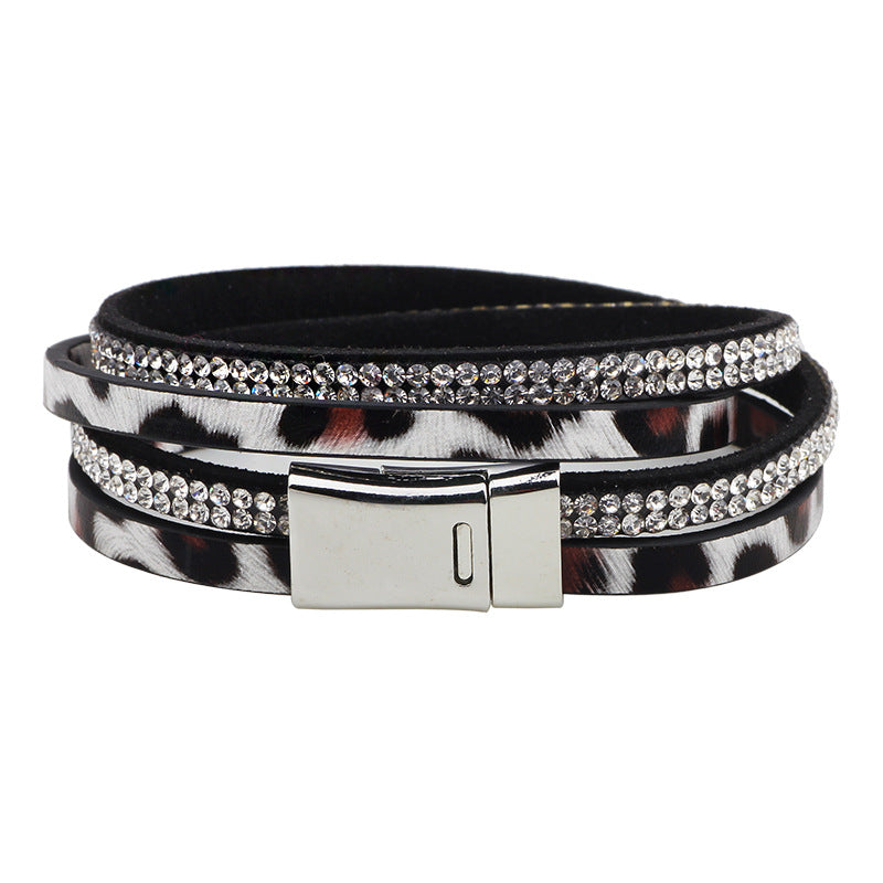 Mysterious Leopard Print Totem Rhinestone Handmade Leather Double - Strand Double - Loop Energy Protection Bracelet